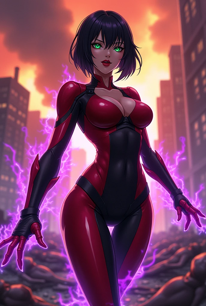 An anime style action pose of a Beautiful evil supervillain woman with short black hair in a bob, green eyes filled with confidence, and red lips, a sadistic grin across her face. She is wearing a high tech suit of red and black power armor and radiating purple energy. Destroying, Evil wins, burning city, lots of bodies litter the ground.