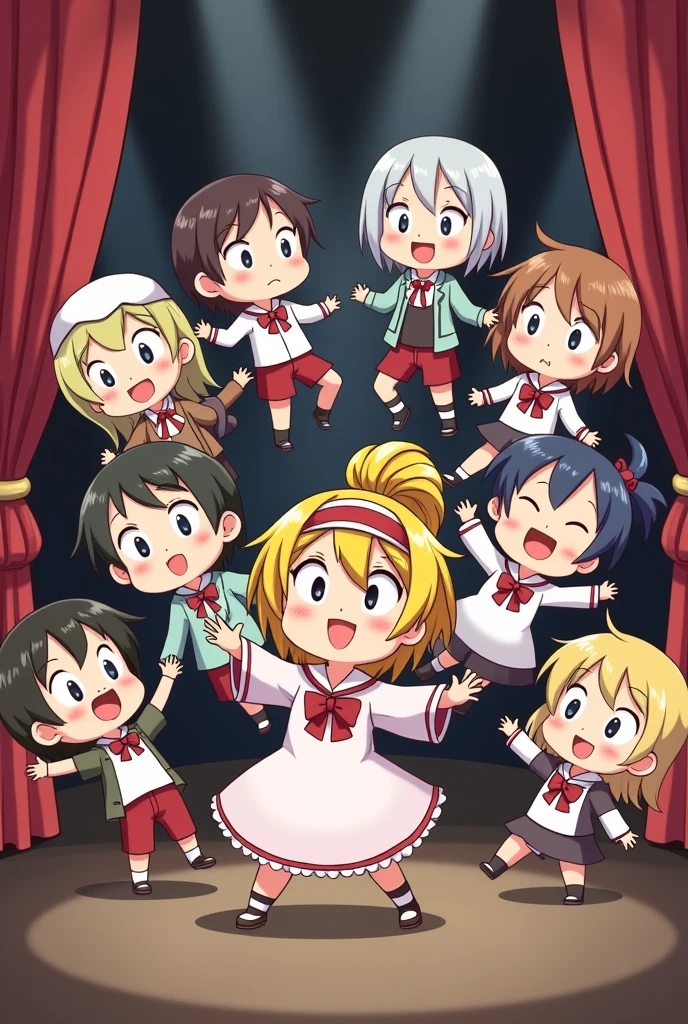 a group of people performing theatical, in chibi anime style full body