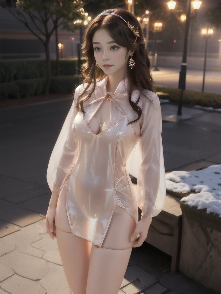 ((night, Alley,Street Lights)), ((8K Ultra HD, 8K, Ultra-high resolution, best quality, masterpiece, Surrealism, Digital SLR Camera, Soft Light, Bokeh, Masterpieces)), ((Creating the image of a real girl), warm light, Realistic shadows, Dynamic poses, Elegant Posture, Cowboy lens, Full body front view, Be confident, Facing the camera, Standing posture, Open your legs slightly, Golden Ratio Graphics, Minimalism), (Happy smile, Big watery eyes, Cherry Blossom, Balanced Eyes, Perfect beautiful face, Normal facial features, Realistic skin, Attention to skin details, Skin is clean and radiant, Whitening, Anatomically correct body, 沙漏型figure, figure, cosmetic, Gloves, earrings, bracelet, necklace, Jewelry, veil, Hair accessories, Headdress, shawl), ((beautiful hair), Reddish-brown hair, Wavy curly hairstyle, Waist-length hair, Messy Hairstyle, Gradient hairstyles, Cyberpunk hairstyle), ((Transparent clothes:1.5), (Color of clothes: Red and white), Transparent ultra-modern sci-fi clothes), (y的, Perfect breape, Teardrop chest shape, Snow-white breasts, tailed breasts, 36C cupper high waist, Deep V, Low-cut, Sexy, Flattering, Open tch, (Camel toe, High fork stran), (sock, Knee socks, 吊garter, Leg ring, garter, 腿部garter), (style:Sexy,Mature), A woman, Normal limbsormalparts. Normal cut clothes, Wearing a transparent latex dress