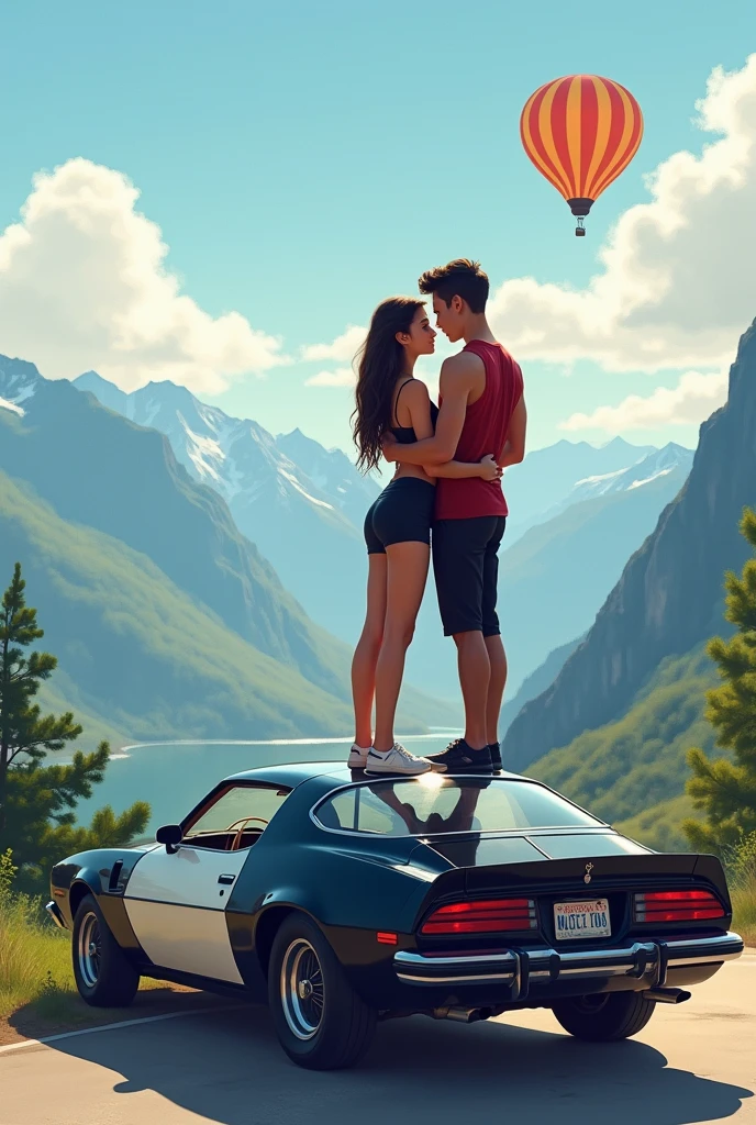 Two couple sitting above the car that is parked side of the road boy having white slim skin and girl white skit fit body and wearing tracking clothers followed by boy, and huged side by eachoyher and looking at the mountains in front of them enjoying the view car is black and white colour mixed thar and there is one hot air baloon in the sky