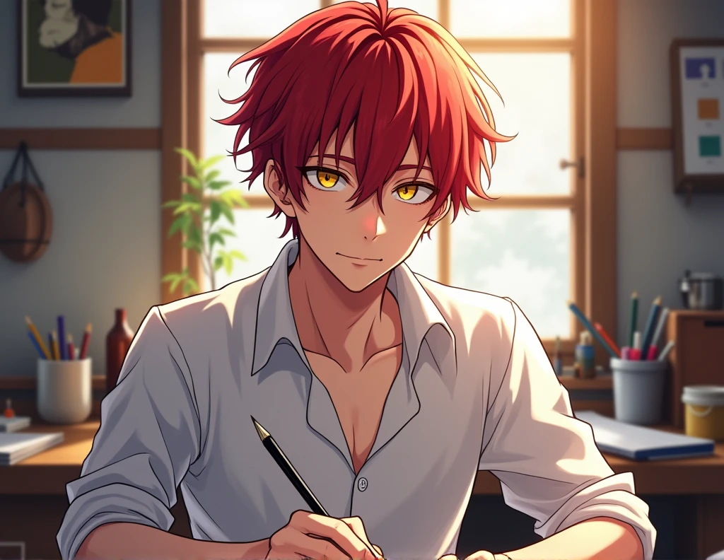 Anime-style drawing, depicting a man with red hair, with yellow eyes and a white shirt., Digital art by Shitao, pixiv, Digital art, makima, chainsaw man, Gapmo Yandere, Makoto Kano, Zerochan, Zerochan art, anime boy, beautiful anime pose, Tokyo Ghoul, drawn in an anime artist&#39;s studio, made in an anime artist&#39;s studio