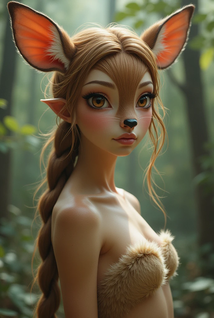 one girl, fawn ears, , pure, cute naked, topless, a Woman fawn mix, human Body, big tits, furry and skin, fawn nose but the Rest of the face ist human, (((whiskers))) big eyes, fawn fur, deer eyes, hybride 40 %fawn and 60 % human, face mostly woman, fawn Hair , braid, fur instead of skin at Body Arms and shoulders and neck, tits are human, the mice nose is hairy , nipples, deer fur , full black Iris, hole eyes are black Just Like a fawn, slender, Bambi eyes, No clothes