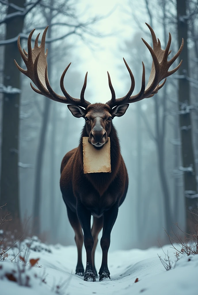 A moose with big antlers carries a letter