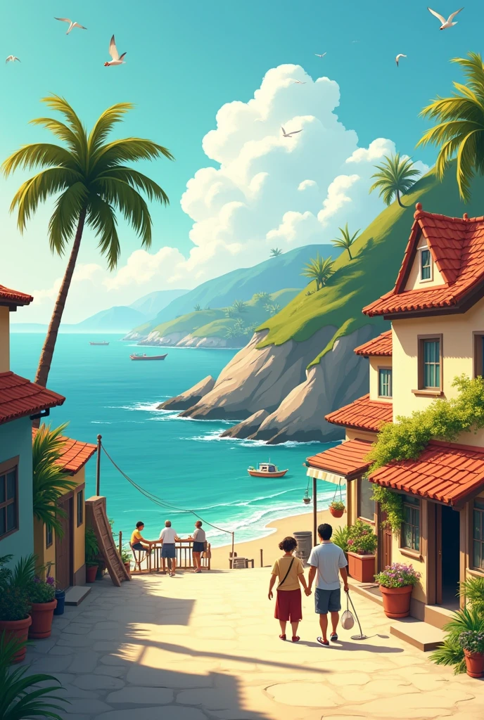  Draw a  animated scene where  It's early morning in a small coastal town.
 