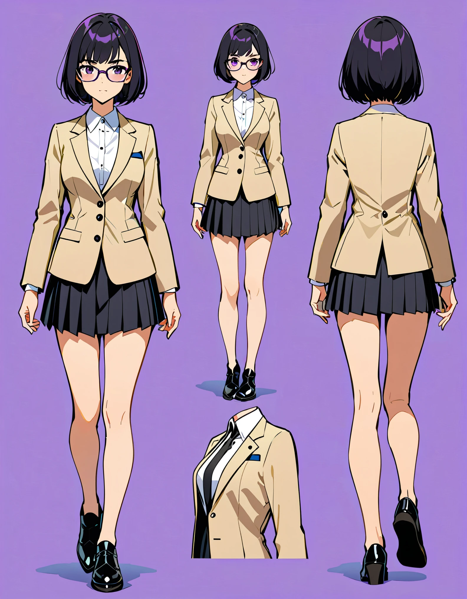 (masterpiece), (best quality), (medium breasts), solo, (jet black hair, short hair, bob hair, purple eyes, bangs), solo, solo focus, walking, beige suit jacket, glasses, white shirt, collared shirt, black pleated skirt, matching black shoes, (perfect hands, perfect anatomy), cowboy shot, superhero, ((beautiful detailed eyes)). full body costume design. Simple background, Multiple Views, Character Sheet Full-Length.