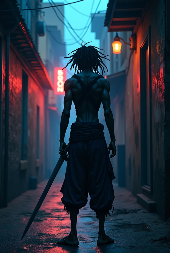 imagine Kirito, Sword Art Online, black skin, dreadlocks, standing in a dimly lit alleyway, holding Elucidator, neon light , african style 8k, juvial boy espada mais simples
Sem terno