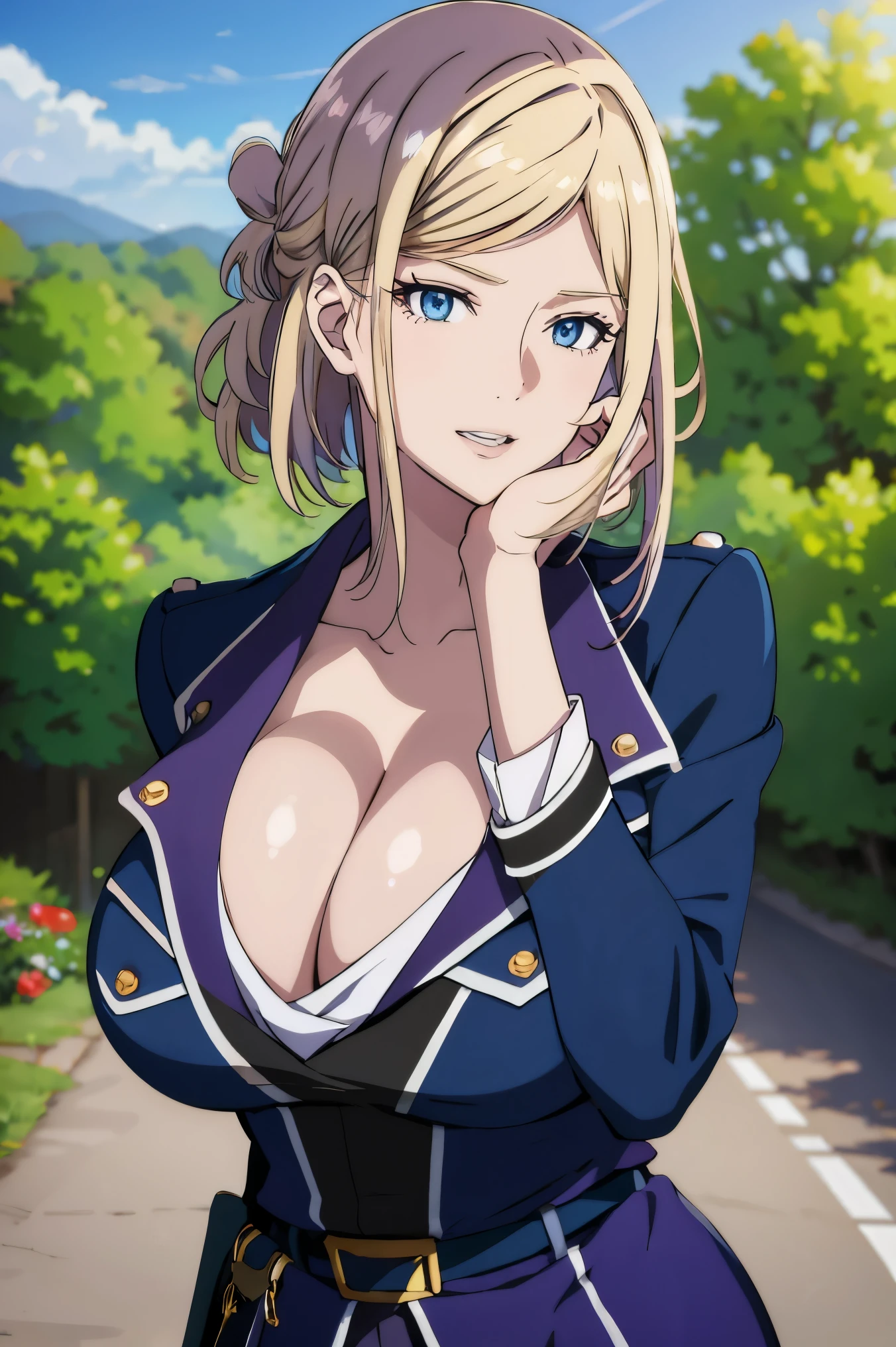 masterpiece, ((blue millitary uniform)), ((cleavage)) (best quality), (solo), 1girl, , blonde hair, purple hair , (short skirt), blue eyes, sexy woman,  hair ornament, vibrant colors , natural lighting, RTX, (huge tits), (detailed face:1.2), (perfect eyes:1.1) ,(photorealistic:1.1), 8k uhd, looking a viewer, outdoors, white backround, smile, (upper body), standing pose, 