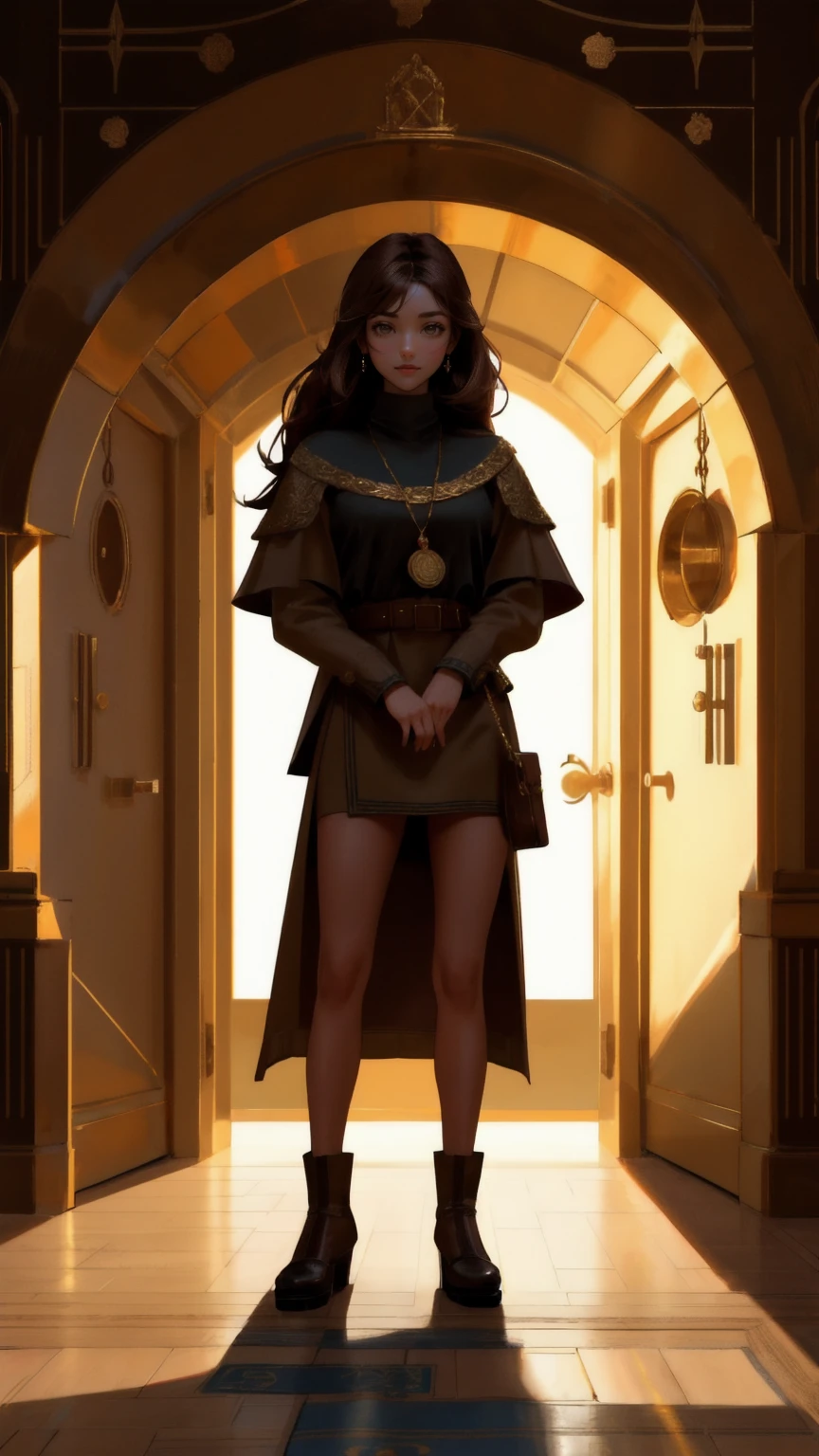 Create an image featuring a cute, strong girl character standing confidently in front of a massive vault door filled with golden coins, replacing the male figure in the original image. The vault door is labeled with 'Rug-Pull-Proof Carpet' and coins are falling around her. The background should be a rich brown color, enhancing the theme of security and wealth protection.