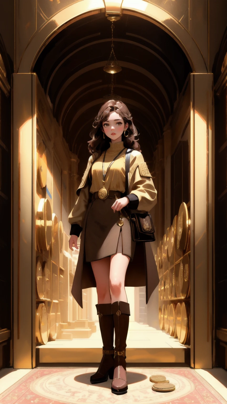 Create an image featuring a cute, strong girl character standing confidently in front of a massive vault door filled with golden coins, replacing the male figure in the original image. The vault door is labeled with 'Rug-Pull-Proof Carpet' and coins are falling around her. The background should be a rich brown color, enhancing the theme of security and wealth protection.