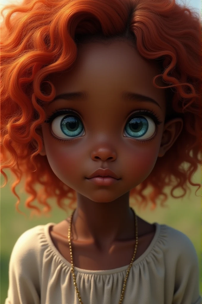 a african girl with big blue eyes and naturally red hair. Realistic