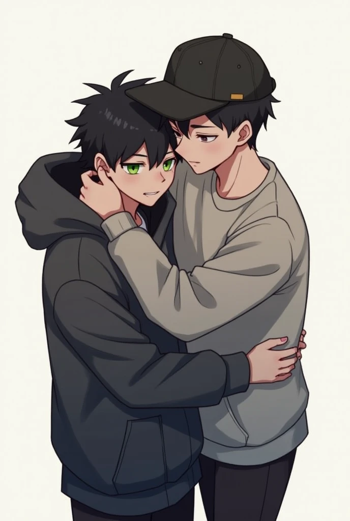 Boy with hood on, black hair and green eyes hugging boy with black hair, clear skin, black cap and black eyes