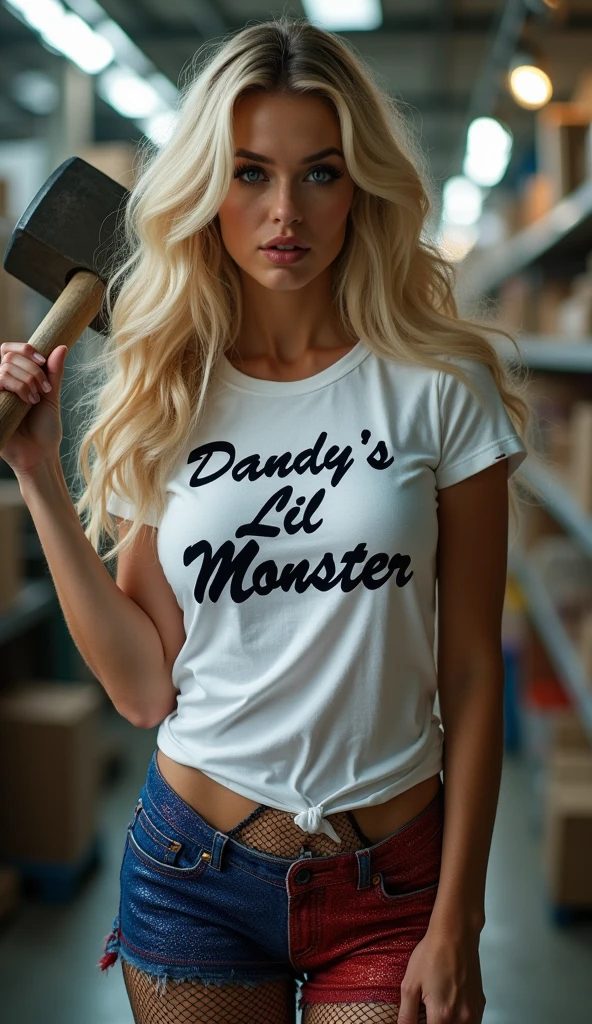 ultra realistic, photography, long blonde hair, (wavy elegant hair, blue eyes, perfect round lips, 30 years old, gorgeous face, voluptuous figure, perfect fit body, big enhanced breasts) Long eye lashes, seductive eyes, Award Winning Glamour Photograph extremely detailed award winning glamour photograph, front lit, HDR, wearing a white tee that says "Daddy's Lil Monster" in cursive, glittery blue and red tight shorts, a black fishnet pantyhose underneath it, holding a big toy hammer, in a toy factory, psychotic laughing