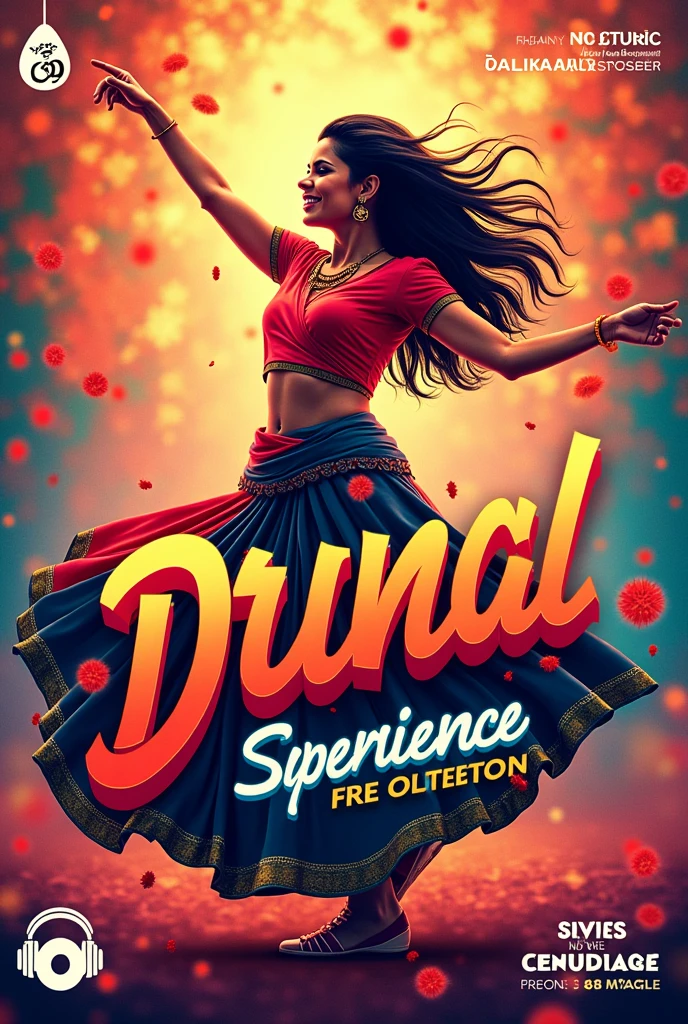 For an image like the one you've uploaded, the prompt could be:

"An energetic and vibrant digital poster for a music event, featuring a joyful woman in traditional attire dancing. The background is a blend of colorful patterns with a mix of orange, red, and blue hues. Bold, stylized text in a regional script dominates the center, with additional graphics like headphones and music symbols. The design includes logos and text promoting a DJ and 3D music experience, creating an eye-catching and festive atmosphere."