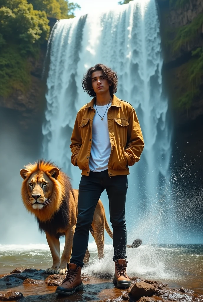Photography of a 20 year old Asian guy with long curly hair wearing a torn golden brown jacket, white t-shirt, black jeans, boots, standing under a waterfall with cool water splashes with a lion, a beautiful afternoon atmosphere full of color, beautiful light effects