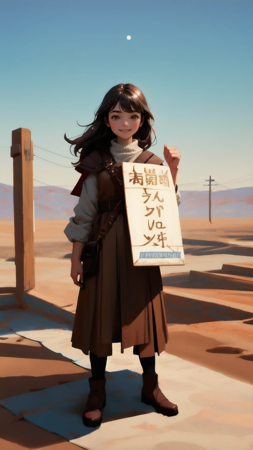 Illustrate a scene with a cute, strong girl character in place of the muscular carpet character, holding up a sign that says 'Rug-Pull-Proof' while standing on cracked, barren ground. The girl is smiling and radiating confidence. The background should be a brown hue, adding depth to the scene and highlighting the theme of protection and stability.