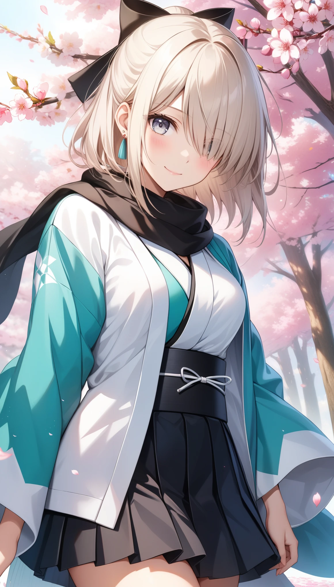 okita souji (koha-ace), okita souji (fate), 1girl, solo, long hair, breasts, looking at viewer, blush, smile, bangs, skirt, long sleeves, jewelry, standing, closed mouth, flower, white hair, pleated skirt, earrings, japanese clothes, wide sleeves, black skirt, kimono, scarf, hair over one eye, grey eyes, cosplay, petals, cherry blossoms, white kimono, haori, black scarf, shinsengumi, ((32k)), ((best quality)), ((ultra high res)), ((HDR)), ((UHD)), ((extremely detailed CG)), ((unity 32k wallpaper)),