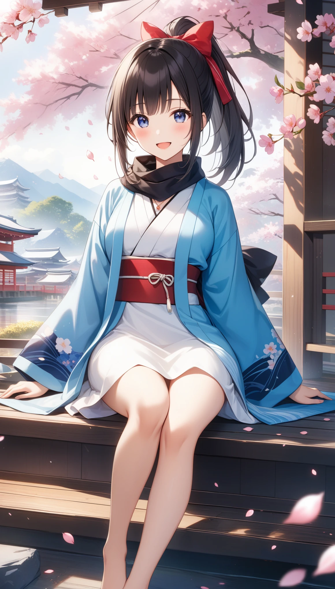 1girl, solo, looking at viewer, blush, smile, open mouth, bangs, black hair, long sleeves, dress, bow, ribbon, jewelry, sitting, hair ribbon, ponytail, :d, hair bow, japanese clothes, barefoot, wide sleeves, kimono, necklace, scarf, white dress, petals, bare legs, standing, cherry blossoms, haori, black scarf, shinsengumi, ((32k)), ((best quality)), ((ultra high res)), ((HDR)), ((UHD)), ((extremely detailed CG)), ((unity 32k wallpaper)),