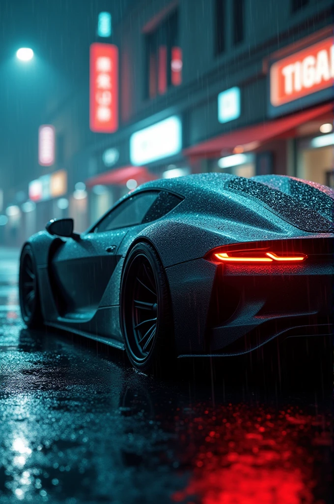 A car with bass speaker with aesthetic rainy background 