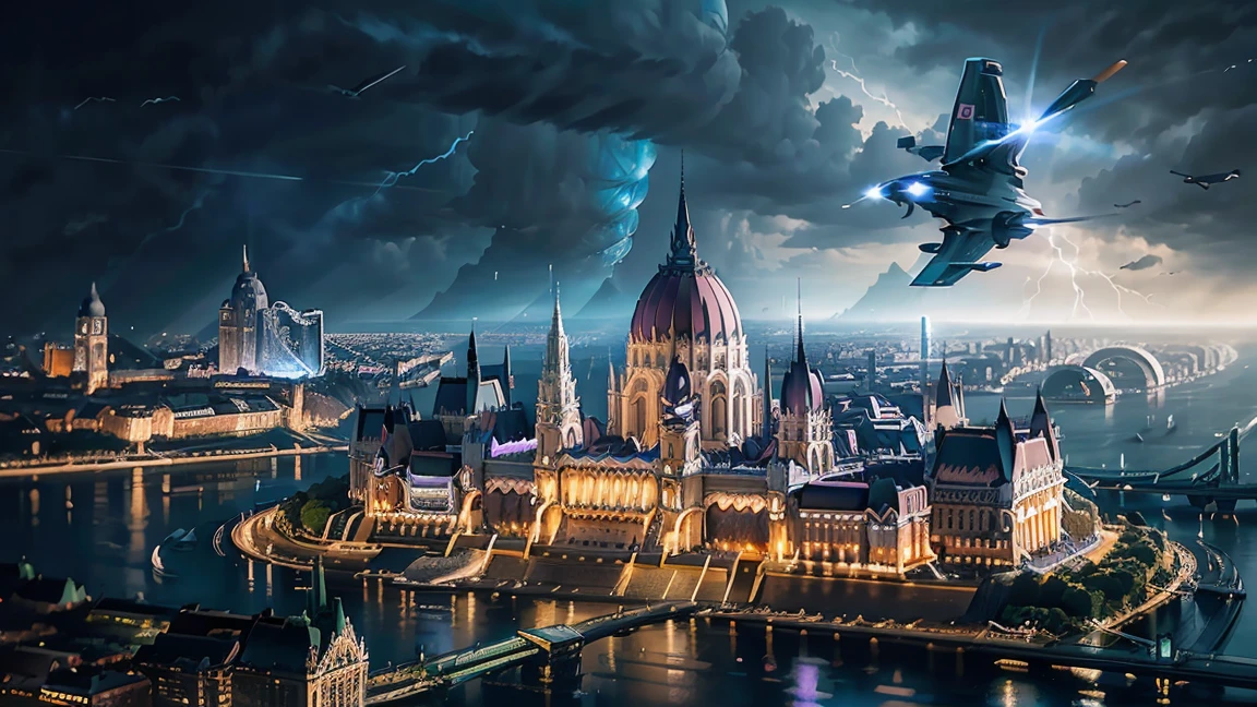 Future Budapest city (with signature buildings like the parliament) seen from an airplane:1.5,thunder:1.4,port,flying spaceship,skyscraper,master piece,highest quality,ultra high resolution,(Super detailed:1.2),8K,photorealistic,best aesthetic,beautiful
