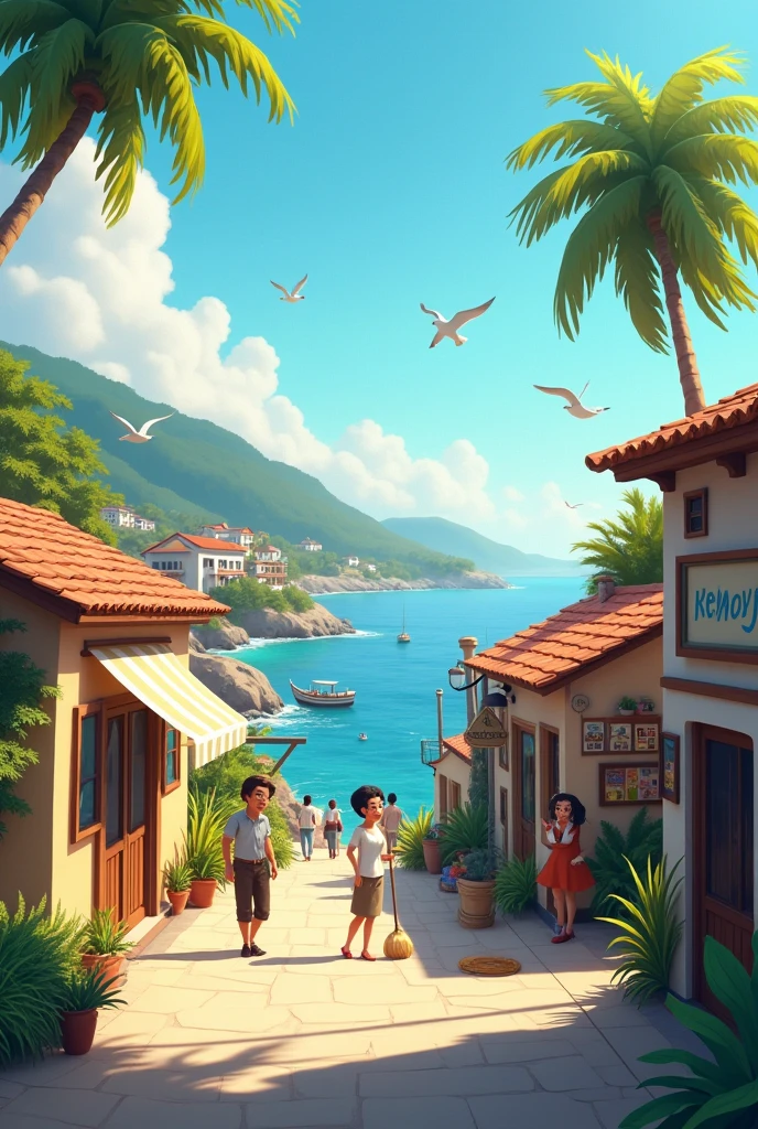 Draw a animated scene where It's early morning in a small coastal town.
