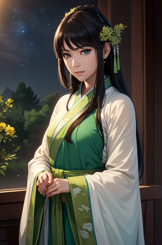Starry sky landscape、shooting star、war (Highest quality,4K,8k,High resolution,masterpiece:1.2), Very detailed, (Realistic,Realistic,Realistic:1.3), High resolution, Hyper HD, Studio Lighting, Ultra-fine painting, Sharp focus, Physically Based Rendering, Very detailed説明, Professional, Vibrant colors, Bokeh, Sports Late Night, Ancient War Landscapes, Traditional Chinese Painting Techniques, Atmospheric lighting, Vivid color contrast, Ethereal atmosphere,Very detailed目と顔, Beautiful attention to detail, Light on the face,Hanfu 、(Hanfu: 1.1),、(Green Eyes: 1.1)、Eyes are green、Slim figure、Small breasts、Sexy pose