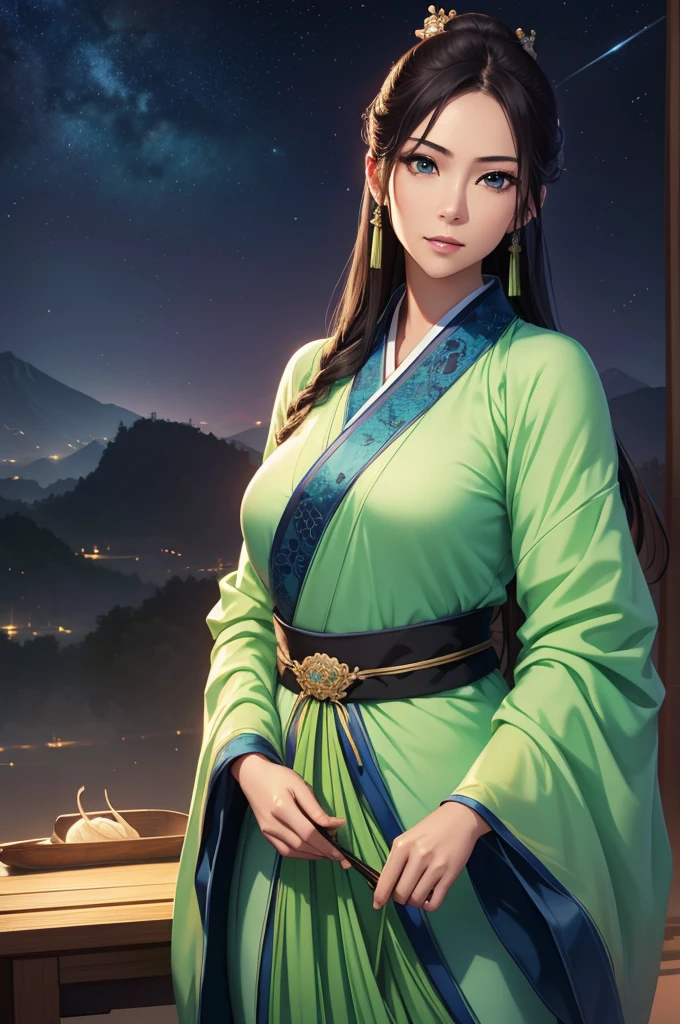 Starry sky landscape、shooting star、war (Highest quality,4K,8k,High resolution,masterpiece:1.2), Very detailed, (Realistic,Realistic,Realistic:1.3), High resolution, Hyper HD, Studio Lighting, Ultra-fine painting, Sharp focus, Physically Based Rendering, Very detailed説明, Professional, Vibrant colors, Bokeh, Sports Late Night, Ancient War Landscapes, Traditional Chinese Painting Techniques, Atmospheric lighting, Vivid color contrast, Ethereal atmosphere,Very detailed目と顔, Beautiful attention to detail, Light on the face,Hanfu 、(Hanfu: 1.1),、(Green Eyes: 1.1)、Eyes are green、Slim figure、Small breasts、Sexy pose