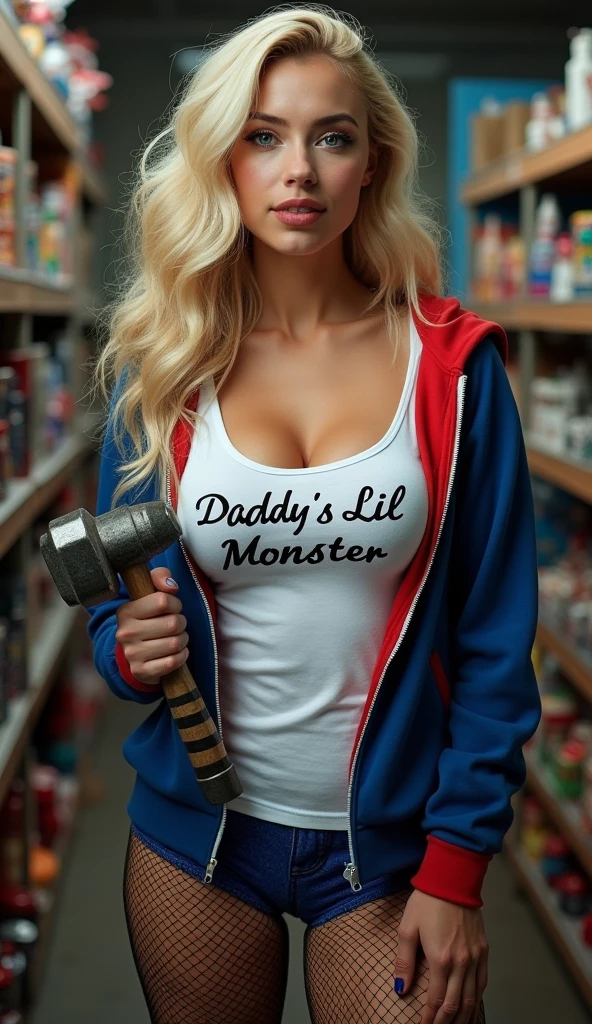 ultra realistic, photography, long blonde hair, (wavy elegant hair, blue eyes, perfect round lips, 30 years old, gorgeous face, voluptuous figure, perfect fit body, big enhanced breasts) Long eye lashes, seductive eyes, Award Winning Glamour Photograph extremely detailed award winning glamour photograph, front lit, HDR, wearing a white tee that says "Daddy's Lil Monster" in cursive, she is wearing a blue and red jacket over it, blue and red tight shorts, a black fishnet pantyhose underneath it, holding a big toy hammer, in a toy factory, psychotic laughing