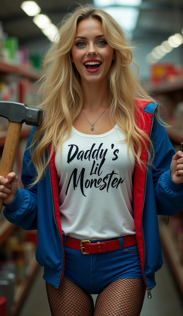 ultra realistic, photography, long blonde hair, (wavy elegant hair, blue eyes, perfect round lips, 30 years old, gorgeous face, voluptuous figure, perfect fit body, big enhanced breasts) Long eye lashes, seductive eyes, Award Winning Glamour Photograph extremely detailed award winning glamour photograph, front lit, HDR, wearing a white tee that says "Daddy's Lil Monster" in cursive, she is wearing a blue and red jacket over it, blue and red tight shorts, a black fishnet pantyhose underneath it, holding a big toy hammer, in a toy factory, psychotic laughing