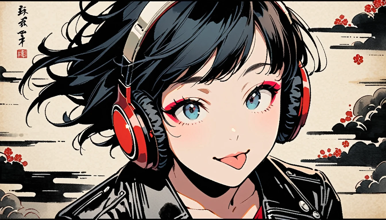 (((Ink Painting))), (((from above))), (((1 female))), (((Leather jacket with Japanese patterns))), (((Wink, Sticking out tongue))), (((Very flashy makeup))), Japanese style headphones, face close-up, front view, Japan人の美少女, Black Hair, Delicate and precise, Modern ukiyo-e style,Japan, Droopy eyes, round face, Glare, Fuller lips, vivid color