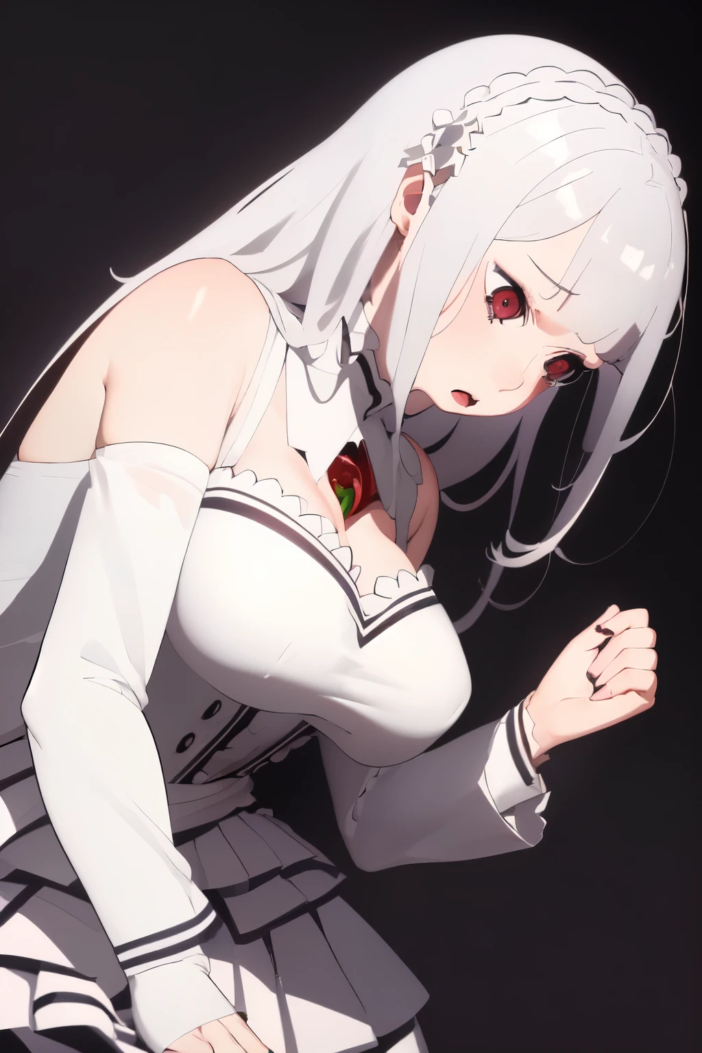 (masterpiece), (best quality),(ultra-detailed),(illustration),(extremely detailed),(perfect anatomy),(super detailed skin). A illustration of a women,curvy_figure,confused_face, white_shirt,short_skirt,her present is submissive,long_hair,blond_hair,falling to the ground,red_eye