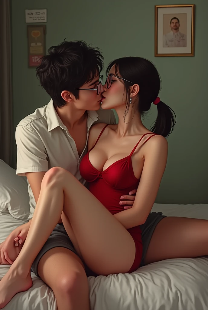 A cute,sexy girl wearing a one piece sexy red lingerie while studying on her study table with a low pony and slightly rounded glasses and bare feet. She looks sexy even without makeup. She has a pen  in her mouth. Her dominant boyfriend pulls her on his lap and begins giving her a hickey. He pins her on the bed, her glasses are still on and her hair are now open . They kiss each other’s lips