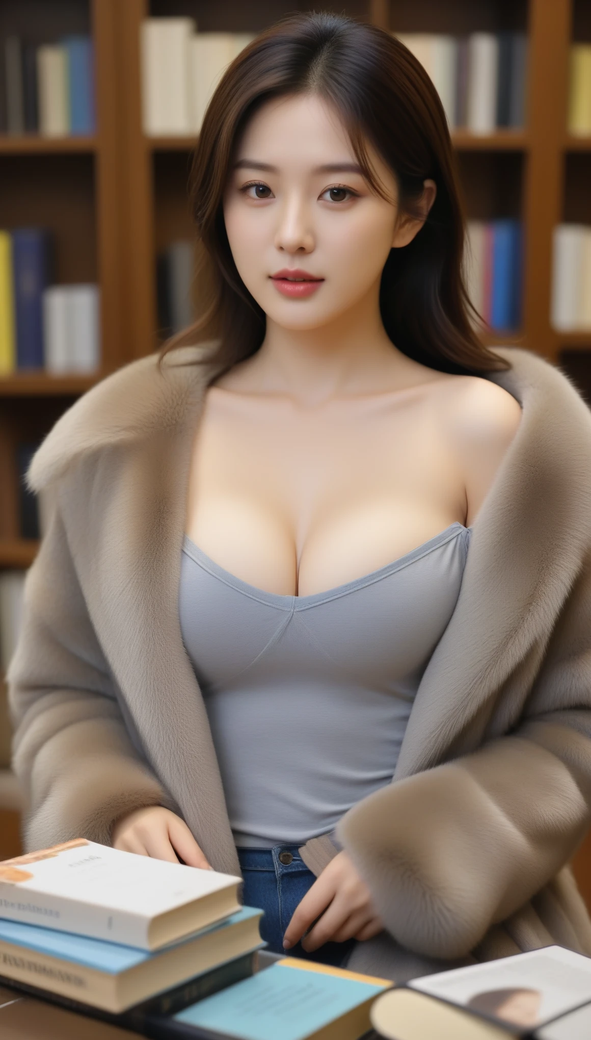 close-up of beautiful beautiful korean female, 34 inch breasts size, wearing t-shirt and fur coat, with books, random background, UHD