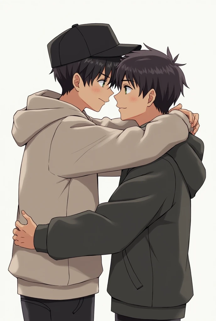 Boy with hood on, black hair and green eyes hugging boy with black hair, clear skin, black cap and black eyes