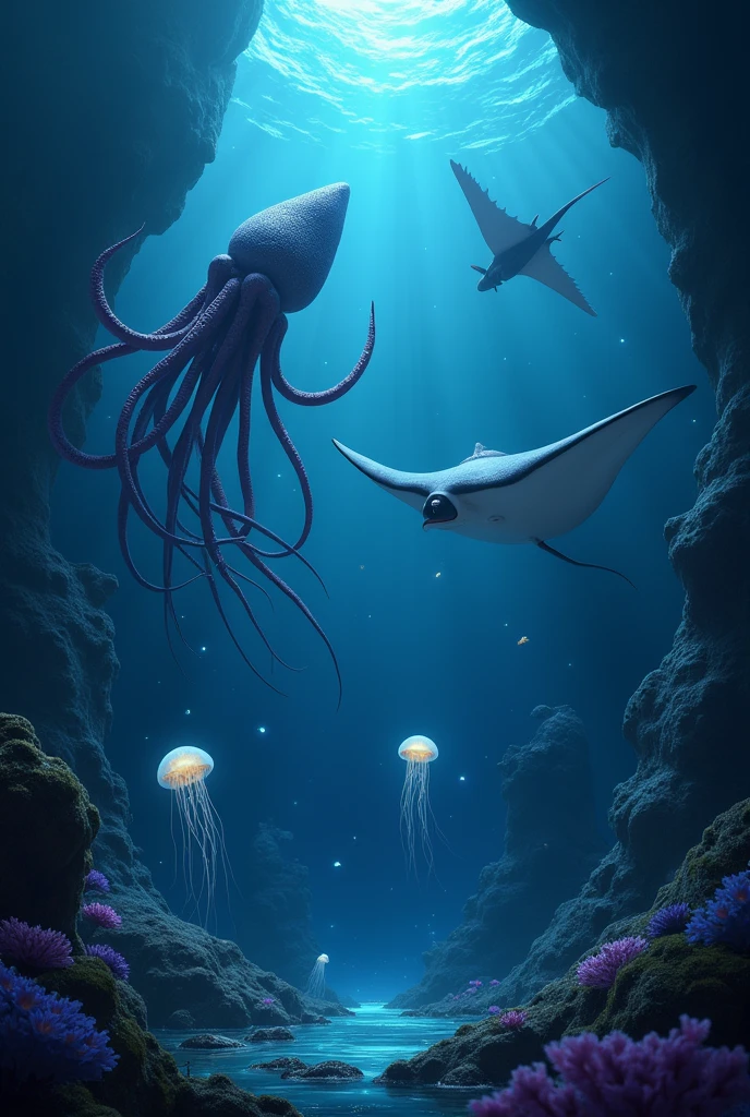 Generate a deep sea themed four-square picture