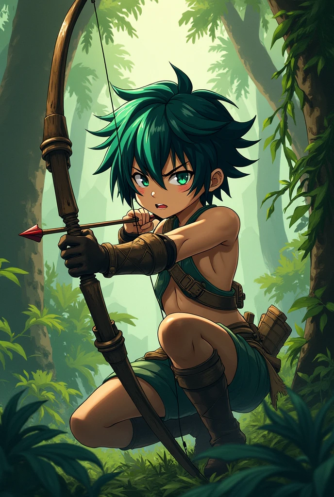 Female anime boy with short hair green and black locks of hair rough and wild jungle archer