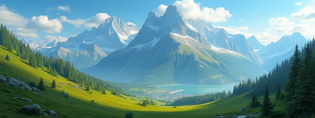 ((Masterpiece))((beautiful))((realistic))green mountain and yellow green tuorqois sky with Oren sky blue snow ,no people,size 4MB,