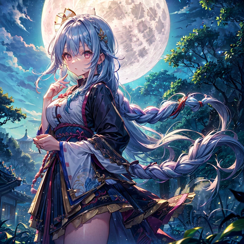 (((Background large full moon))、(==Moon Chanting)))((Morning mist colored hair))、((Braided Hair))、Medium breast、cool、((god々Ishi costume))