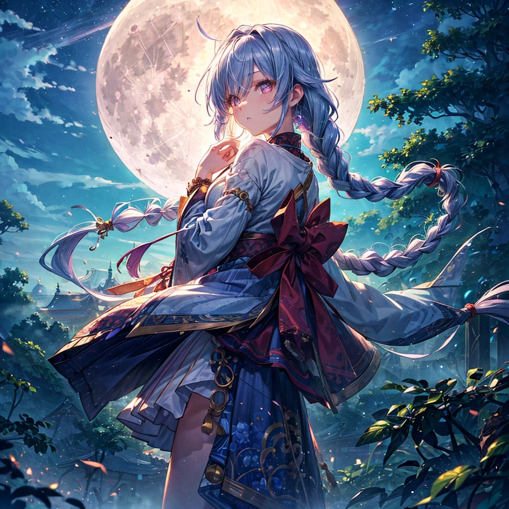 (((Background large full moon))、(==Moon Chanting)))((Morning mist colored hair))、((Braided Hair))、Medium 、cool、((god々Ishi costume))