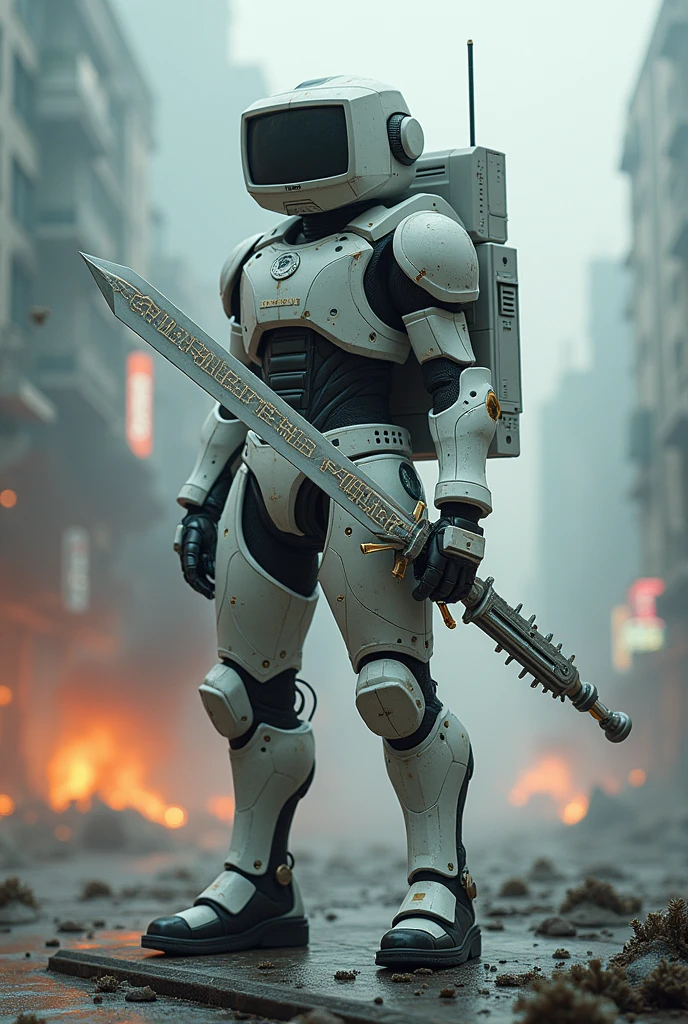 Man wear cyberpunk robocop armor suit white keyboard PC concept. Helmet like PC monitor.. Long mechanize Sword from classic white keyboard. Keyboard pad design as sword. Binoculars eyes.keyboard on chest. . Holding keyboard sword. War background. Bombing effect background. Backpack PC keyboard. Standing on the motherboard green circuit.. city motherboard background.lot of Small virus
