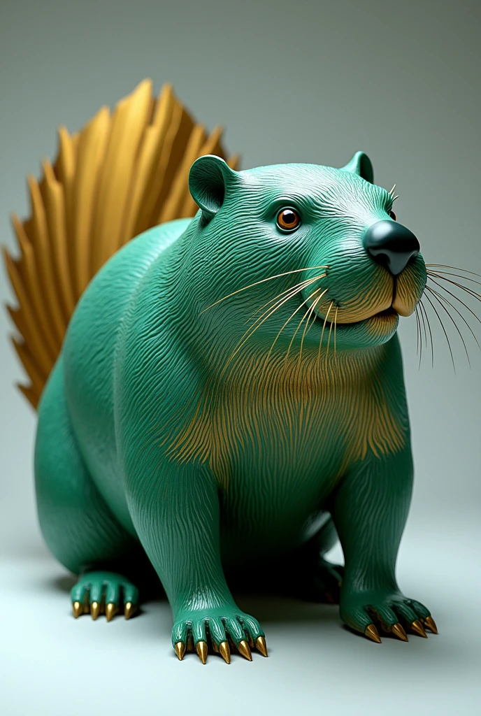 Ultra-resilient image of a green and gold beaver sculpture