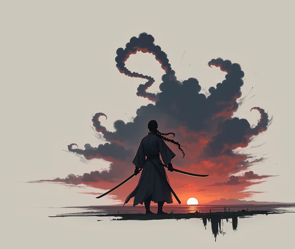 A cinematic photo of a Japanese warrior, standing on a wooden bridge at sunset. The scene is captured from behind, showing the warrior's long braided hair cascading down their back. They are wearing a dark, traditional robe with wide sleeves, and gripping a katana in one hand, with another sword sheathed at their side. The setting sun casts a warm, orange glow over the scene, creating a dramatic silhouette of the warrior against a backdrop of vibrant clouds and the dimming sky. The atmosphere is calm yet tense, reflecting the warrior's readiness for battle