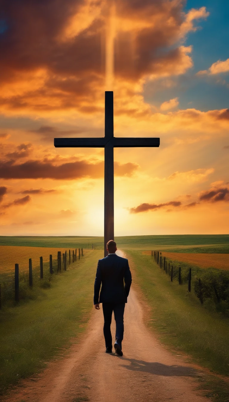 Man walking down a country road and in front of him a giant cross, sky whirling
