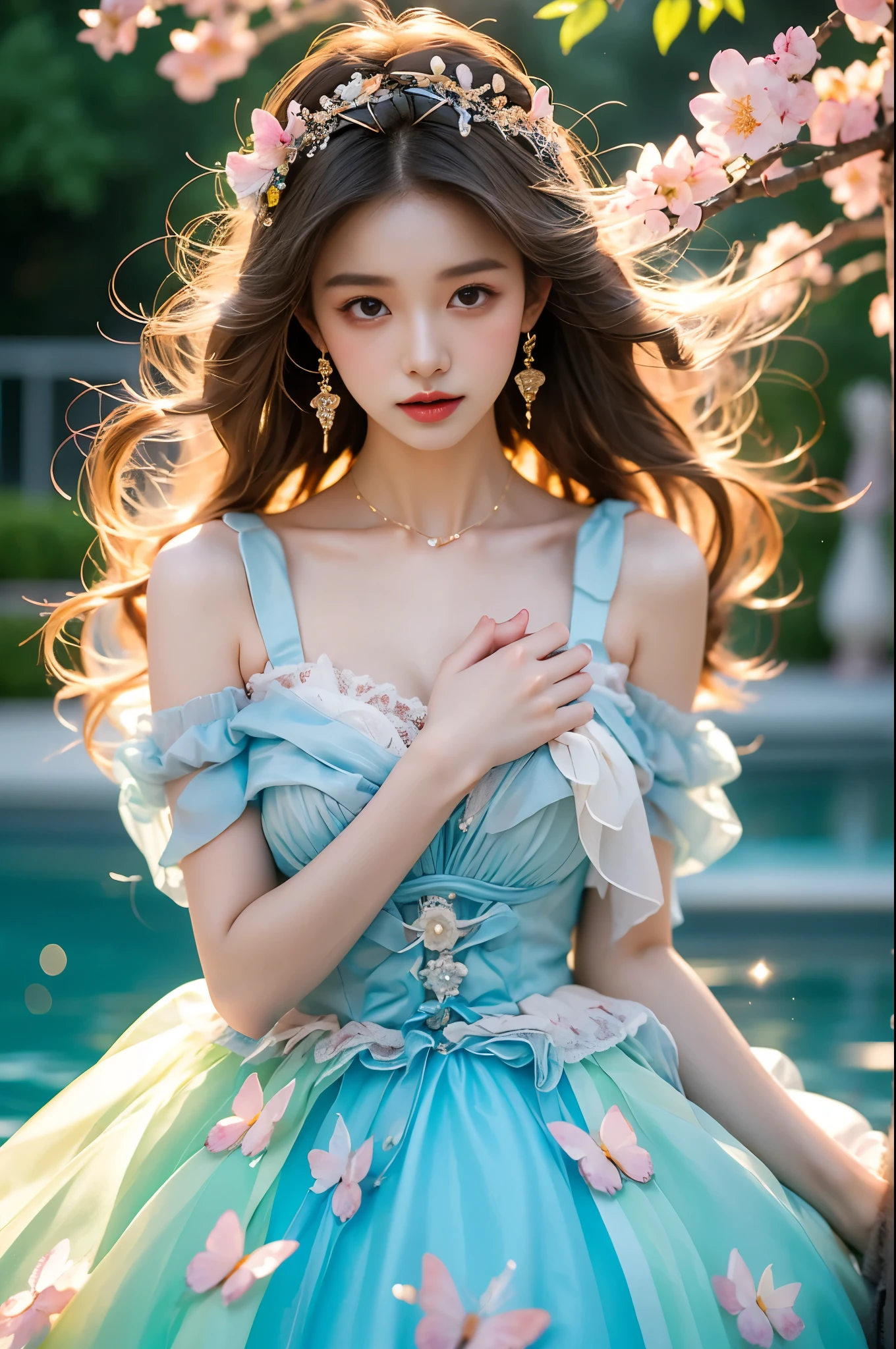 Beautiful dance, She gently lifted her skirt with one hand, Long legs , In the swimming pool, ((Flowing long hair))Official Art , Unity8k Wallpaper , Extremely detailed , Visible cleavage, Pretty and beautiful , 性感Long legs, masterpiece , best quality ,Practical, Very detailed illustrations ,Extremely detailed , Intricate details , Extremely complex and detailed , Very detailed 8KCG wallpaper , Caustics .reflection , Ray Tracing , Devil theme ,nebula ,Dark aura, Network Effects , (1 girl)solitary , 小蓝Butterfly , There are dozens of monarch butterflies around , (Blue plasma flame , (insect , Butterfly)) Pastel tones in Rococo style ,Light white and light dark red , Incredibly beautiful , Cherry blossoms , Surrealism ,painting , Ethereal , Mixing reality and fantasy elements ,Ray Tracing , Complex Mode , Exquisite lines , Perfect your hands, Starry Sky , rich and colorful , Star