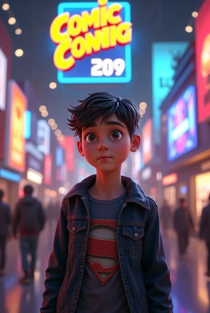 A smart boy standing in front of the comicon movie promotion