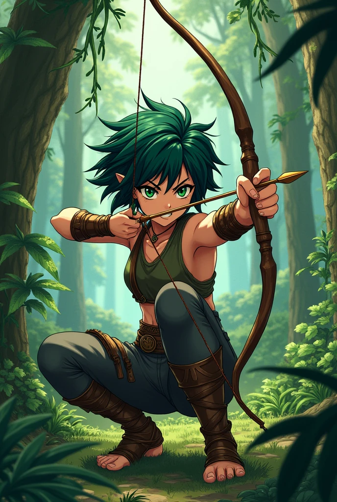 Female anime boy with short hair green and black locks of hair rough and wild jungle archer