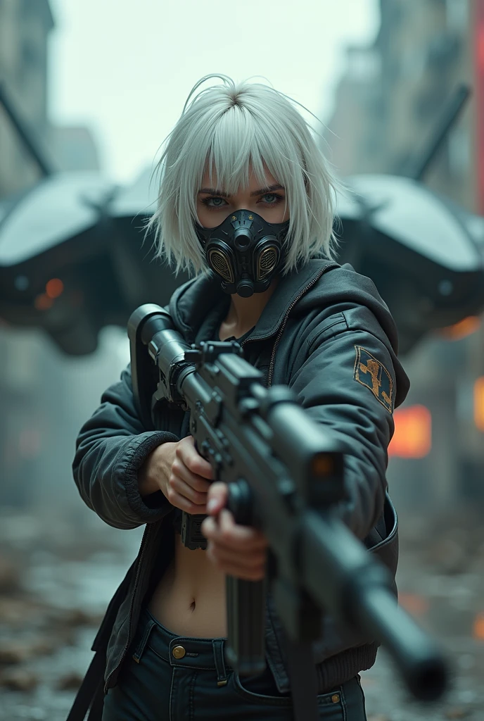 This is a CG Unity 8k wallpaper with ultra-detailed, high-resolution and top quality in cyberpunk style, dominated by black and red. In the high resolution photo, a tactical brave and  beautiful alternative girl dynamic pose action holding heavy assault rifle point to the camera, with white messy short hair, a delicate face, wearing a steam mecha mask, standing on the ruins, behind her is assisted by  huge cutting edge war Dron that protects and assist to her in the danger sits. Atmospheric neon noir dramatic lits, realistic photography extremely cinematic film, muted colors, cyber, visser, Masterpiece, depth-field,