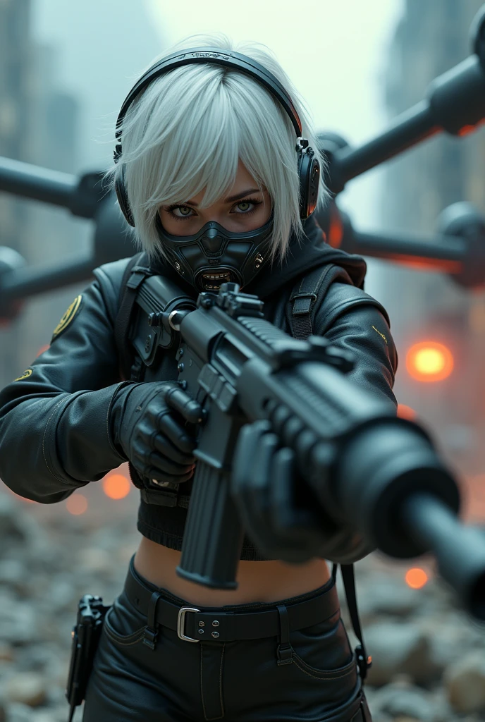 This is a CG Unity 8k wallpaper with ultra-detailed, high-resolution and top quality in cyberpunk style, dominated by black and red. In the high resolution photo, a tactical brave and  beautiful alternative girl dynamic pose action holding heavy assault rifle point to the camera, with white messy short hair, a delicate face, wearing a steam mecha mask, standing on the ruins, behind her is assisted by  huge cutting edge war Dron that protects and assist to her in the danger sits. Atmospheric neon noir dramatic lits, realistic photography extremely cinematic film, muted colors, cyber, visser, Masterpiece, depth-field,