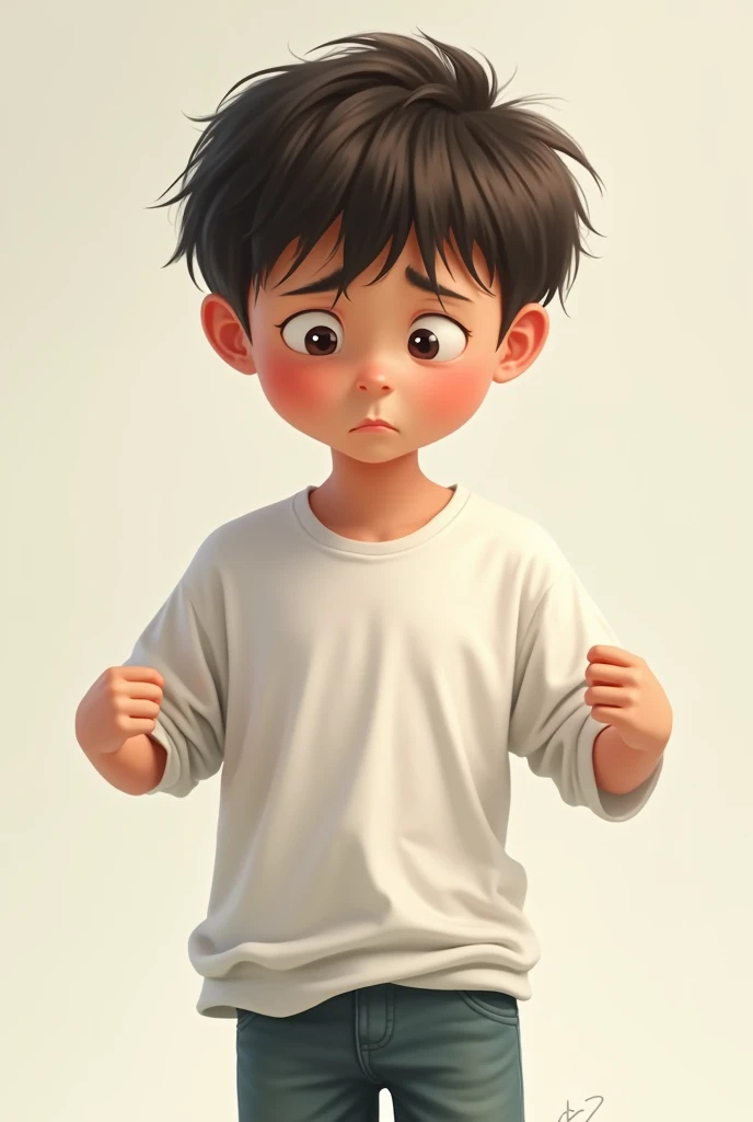 Young boy feel uncomfortable because his white shirt come down from shoulders because of long size