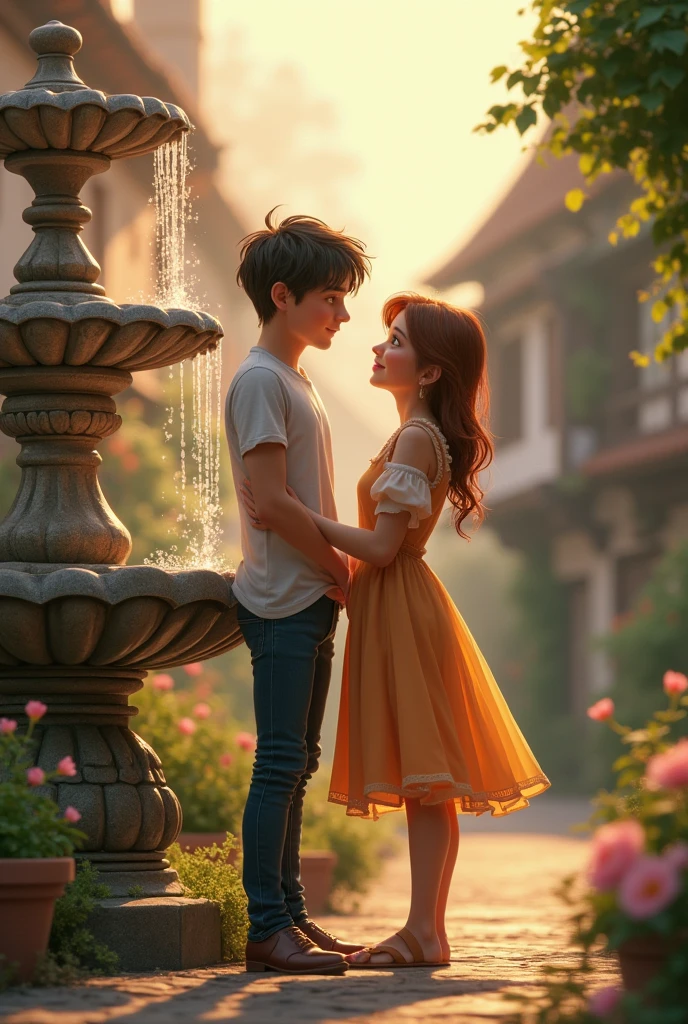 Oliver playfully nudging Ginger near a village fountain as she shyly looks up at him.
