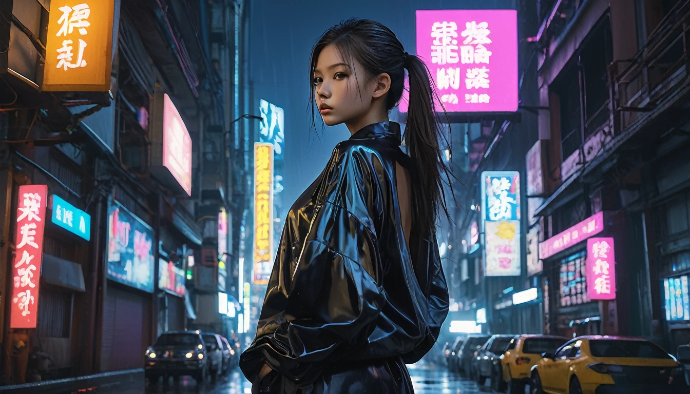 Highest quality, masterpiece, High resolution, 8k, (((She wore an oversized silk blouse and wet-look leggings.、Cute and skinny、Barely an adult, Bare Belly, wide neckline, Deep neckline, small and taut breasts, Beautiful attention to detail, Beautiful lip detail, Small closed mouth, Highly detailed face, Long ponytail, Small hips))), Cyberpunk Apartment, Gloomy atmosphere, Dramatic and random neon colors, Futuristic Setting, Intricate details, At night, Backlight, Full Body Shot, A view from afar 